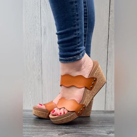 Corkys Footwear Obviously cognac brown Scalloped Double Strap Wedges - Picture 1 of 7